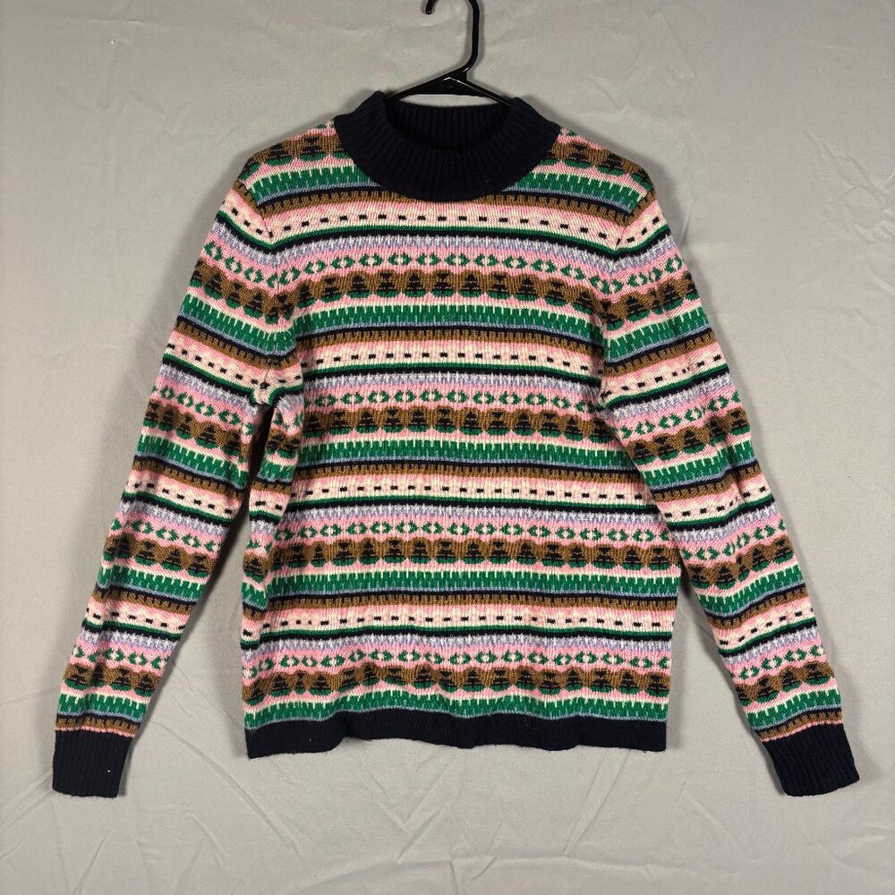 J.Crew Fair Isle Mock Neck Sweater Womens L Pink Green Wool Blend Cottage Preppy